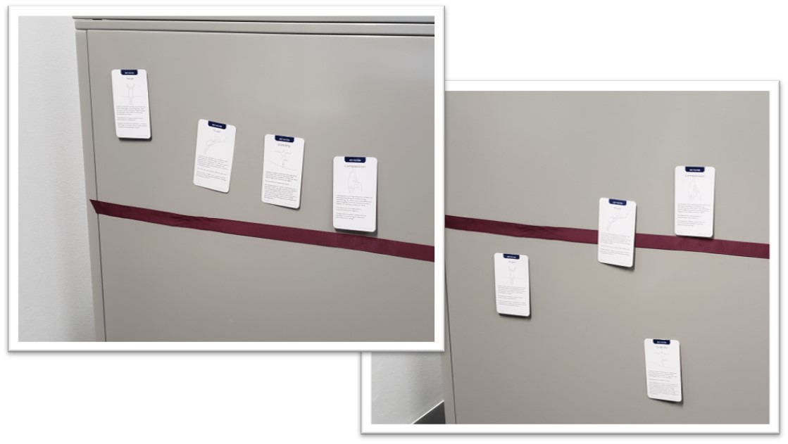 Photo of Key Factor Cards (Hope, Trust, Compassion, Stability) being used in a workplace
