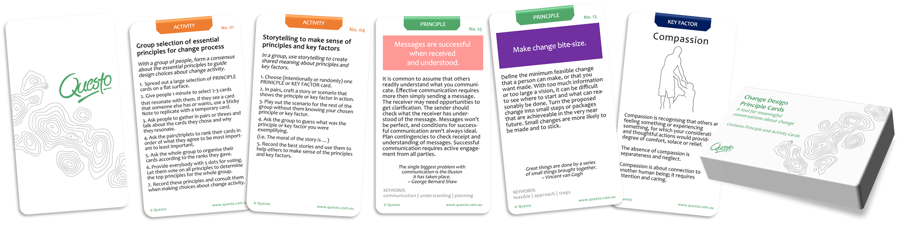 Six examples of the Change Design Principle cards showing the back face, two activities, two principles and one key factor card. along with an image of the box in which the full card set is contained.
